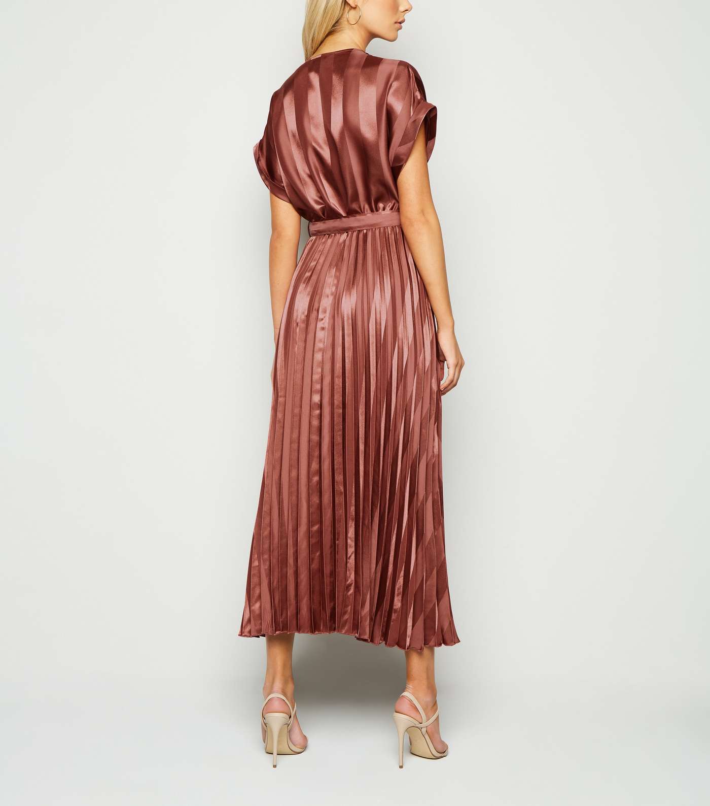 Rust Stripe Satin Pleated Midi Dress Image 2