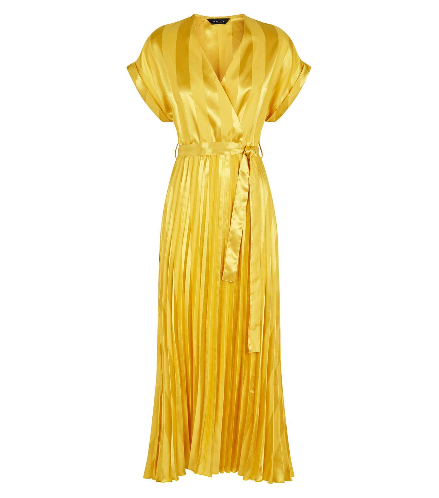 Mustard Stripe Satin Pleated Midi Dress Image 4