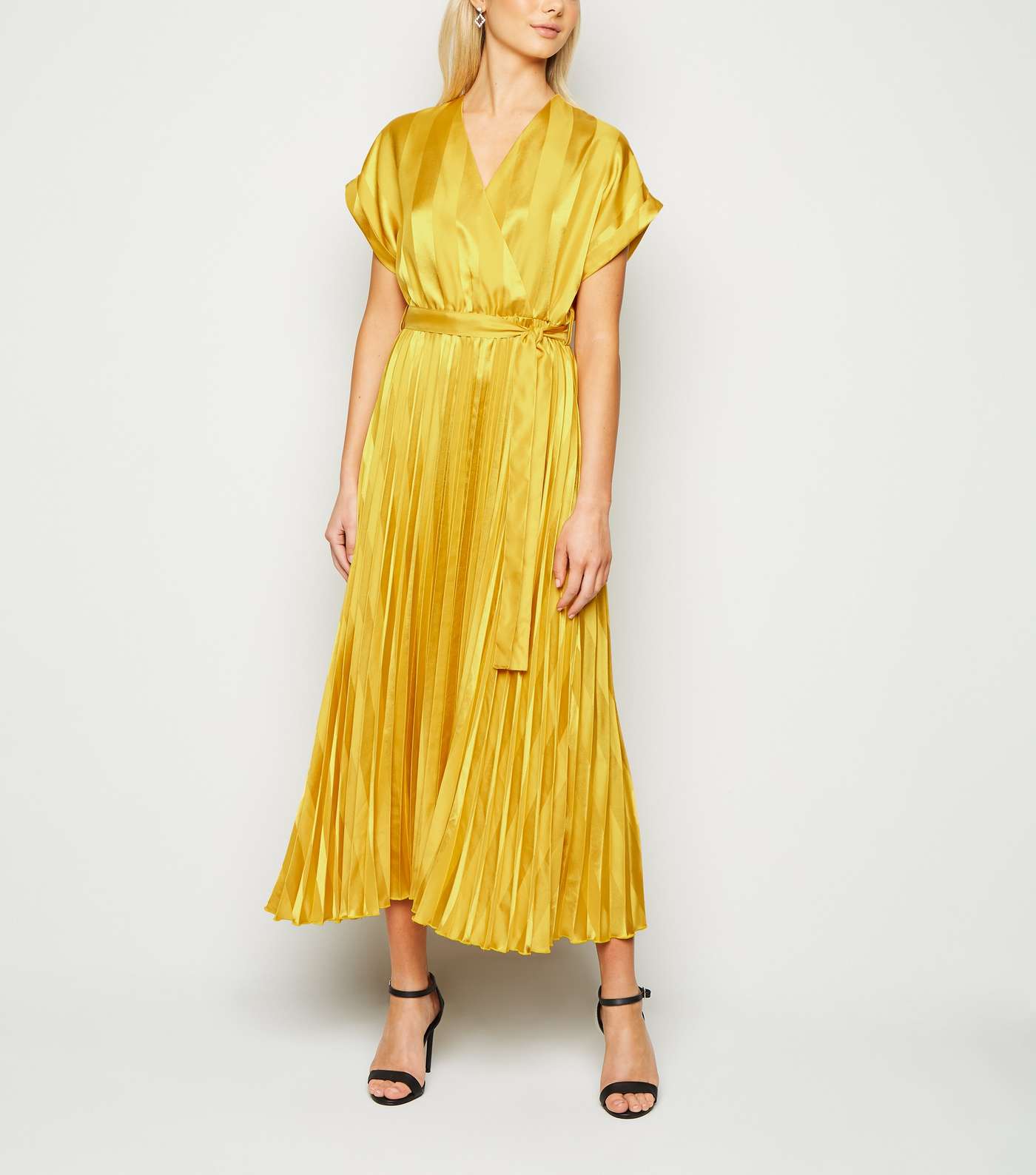 Mustard Stripe Satin Pleated Midi Dress Image 2