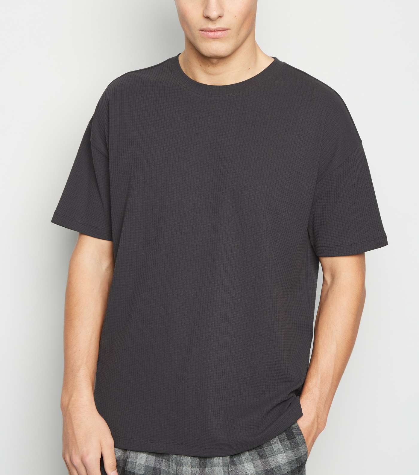 Dark Grey Textured Grid Oversized T-Shirt
