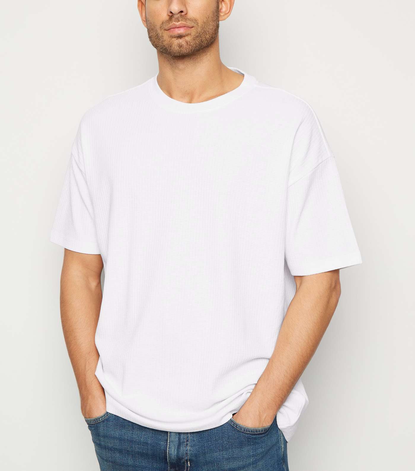 White Textured Grid Oversized T-Shirt