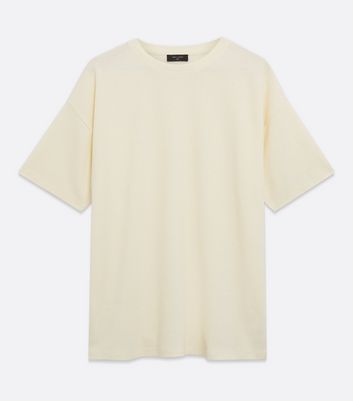 Image of Cream Textured Grid Oversized T-Shirt New Look