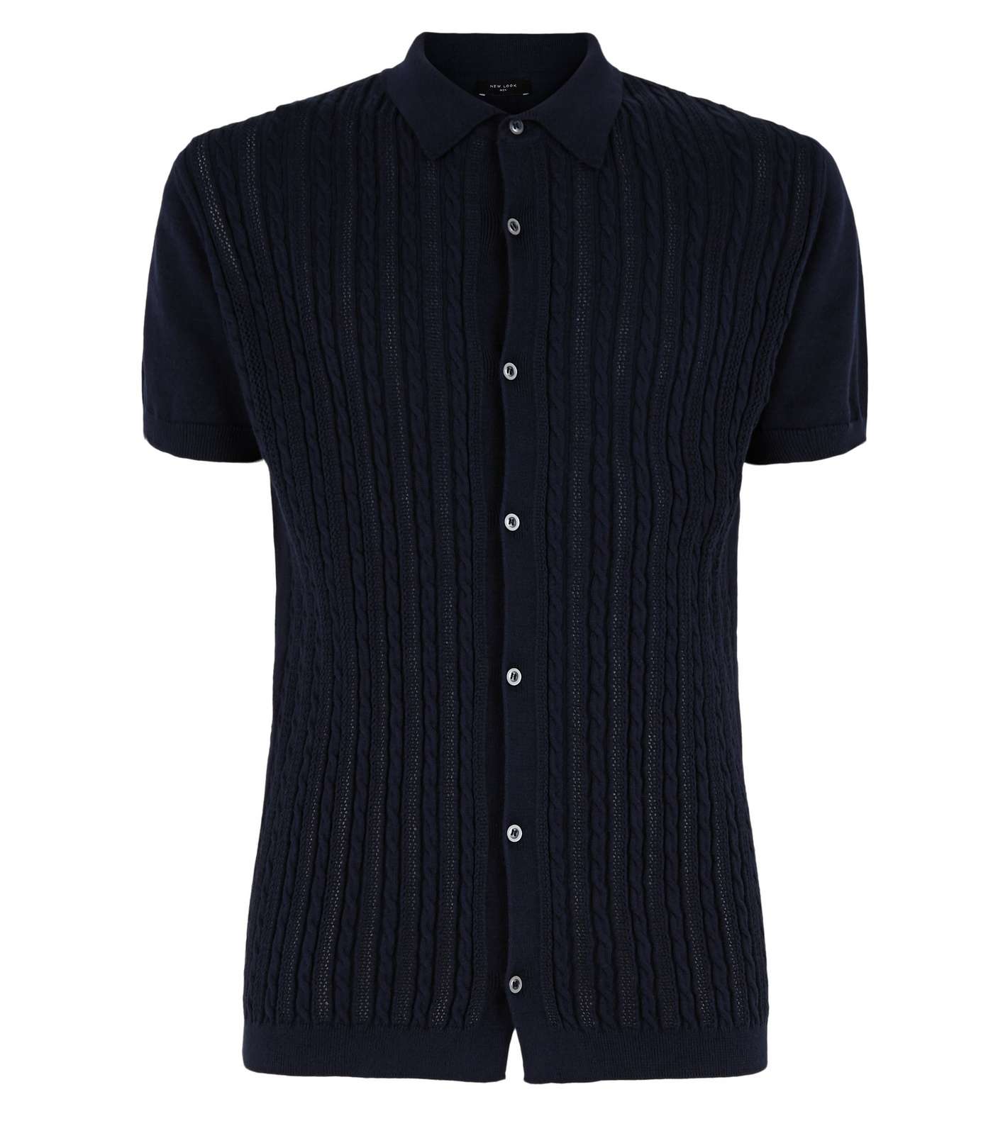 Navy Cable Knit Button Up Polo Shirt Image 4
