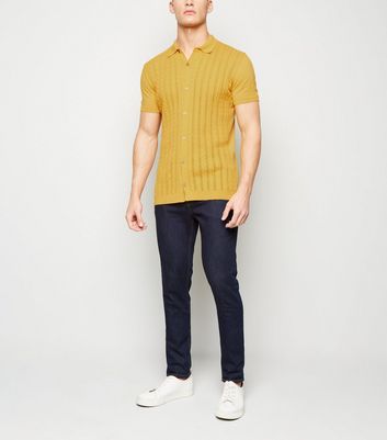 Yellow Cable Knit Button Up Polo Shirt 