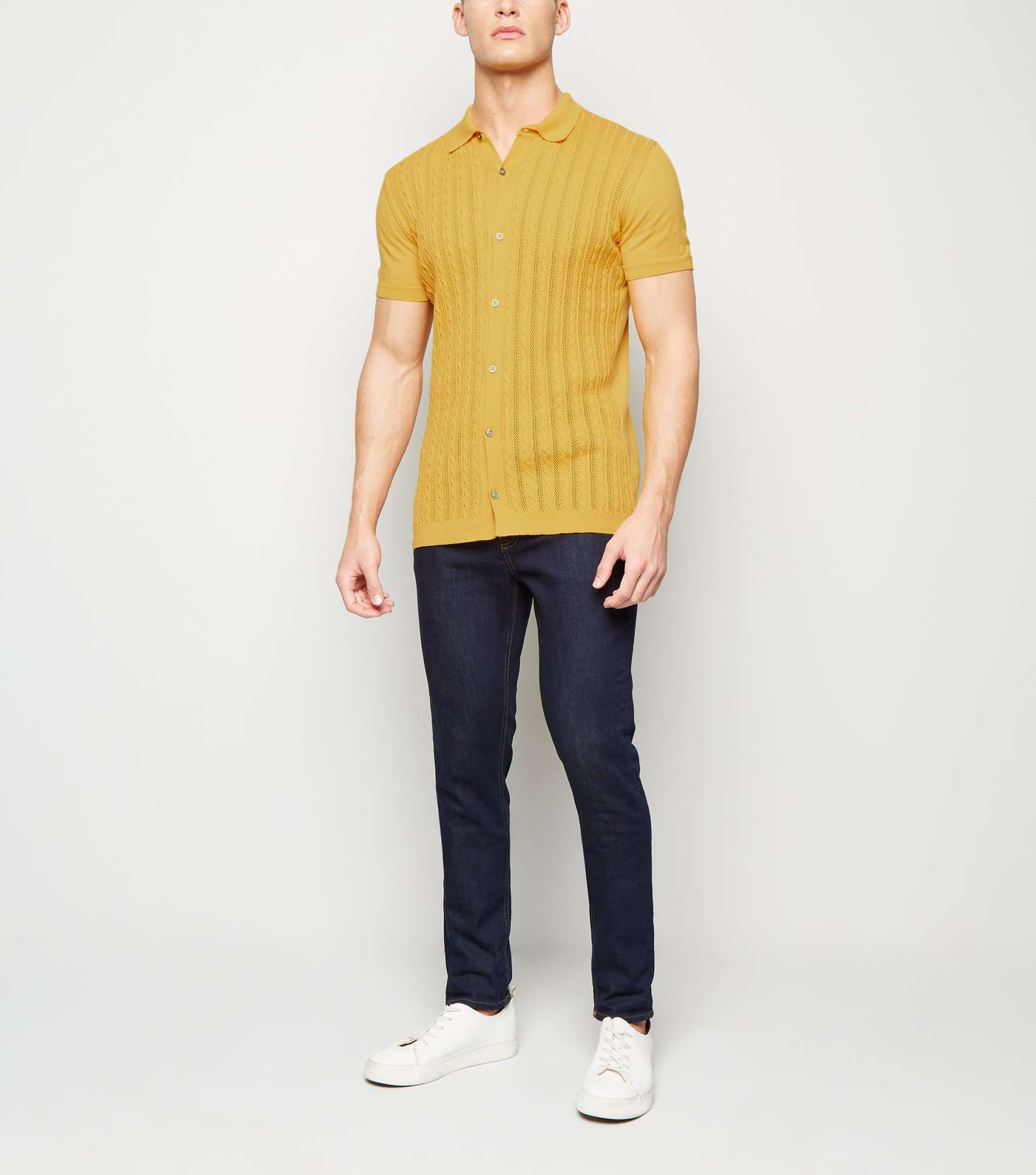 Yellow Cable Knit Button Up Polo Shirt Image 2