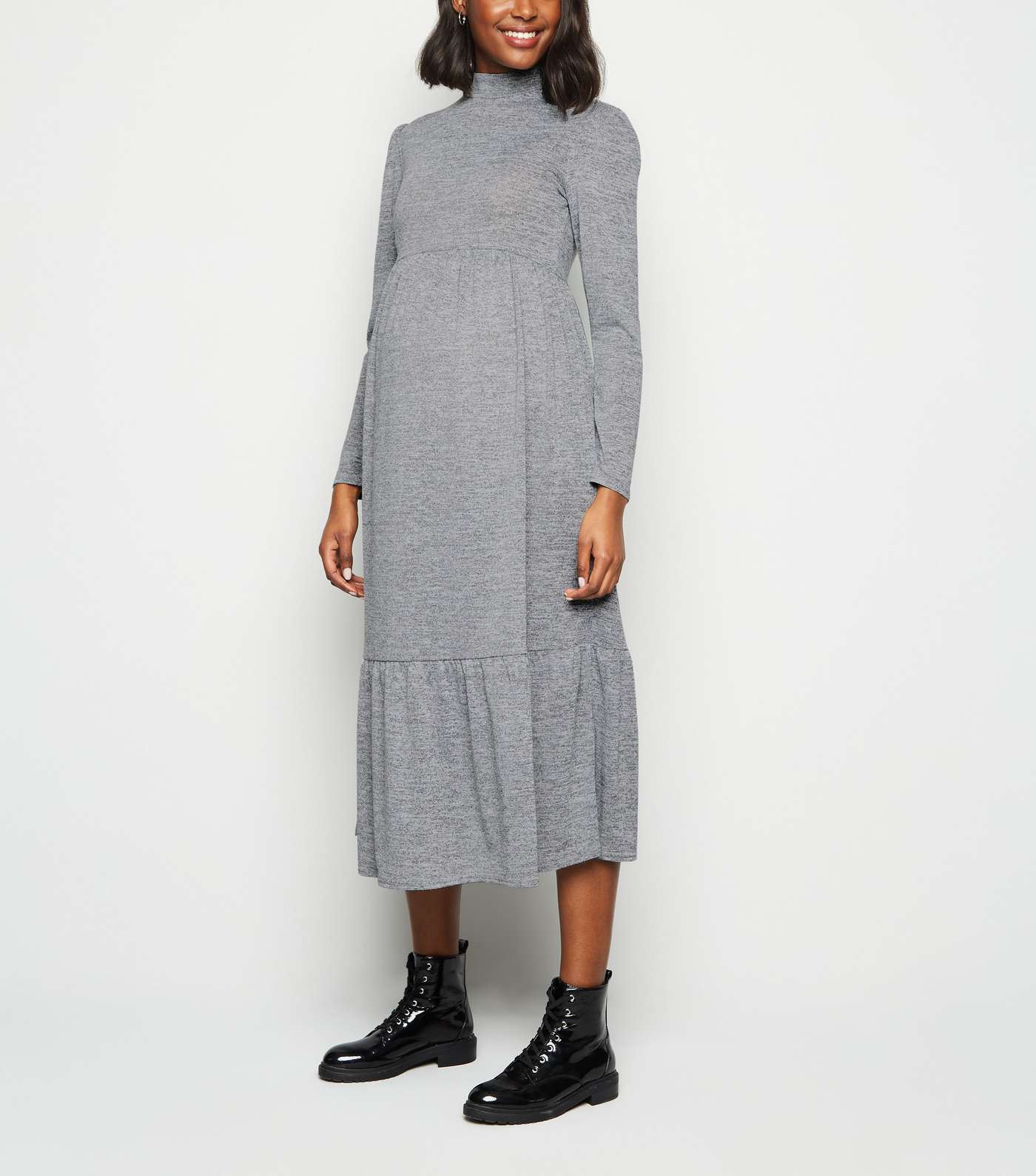 Maternity Grey Fine Knit High Neck Midi Dress Image 2