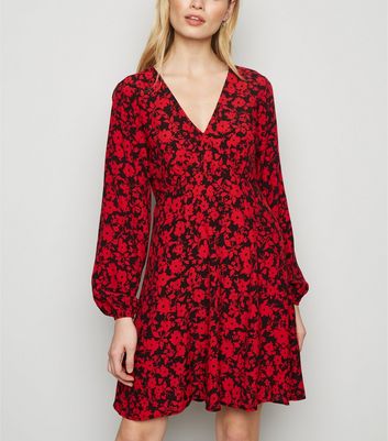 Red Floral Empire Waist Long Sleeve 