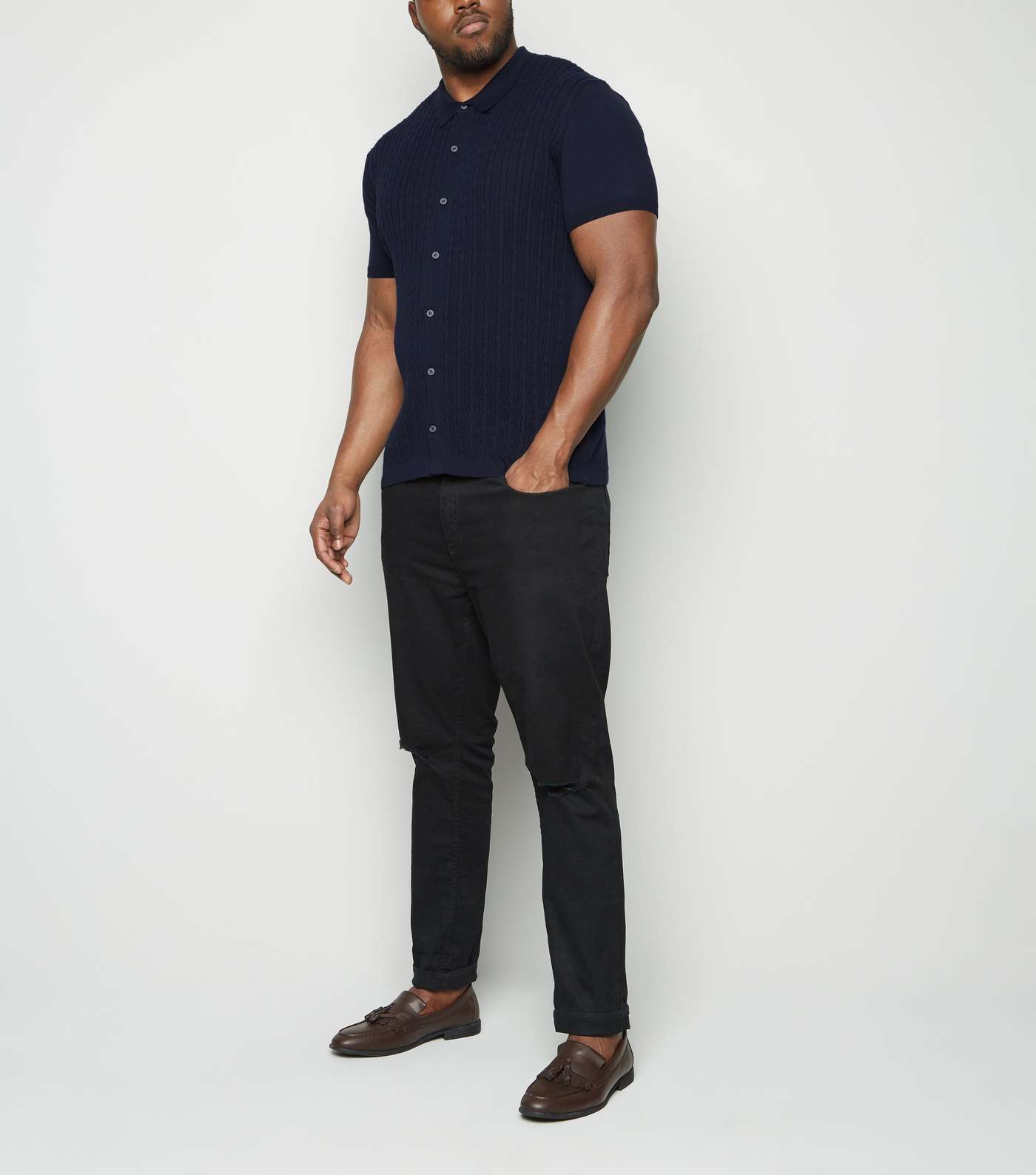 Plus Size Navy Cable Knit Polo Shirt Image 2
