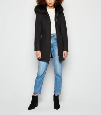 new look black coat fur hood