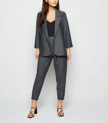 Grey Pinstripe Long Jersey Blazer 