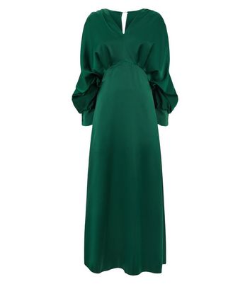 deep green satin ruffle midi dress