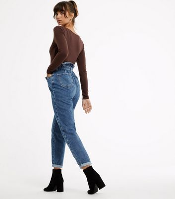 blue tie high waist tori mom jeans