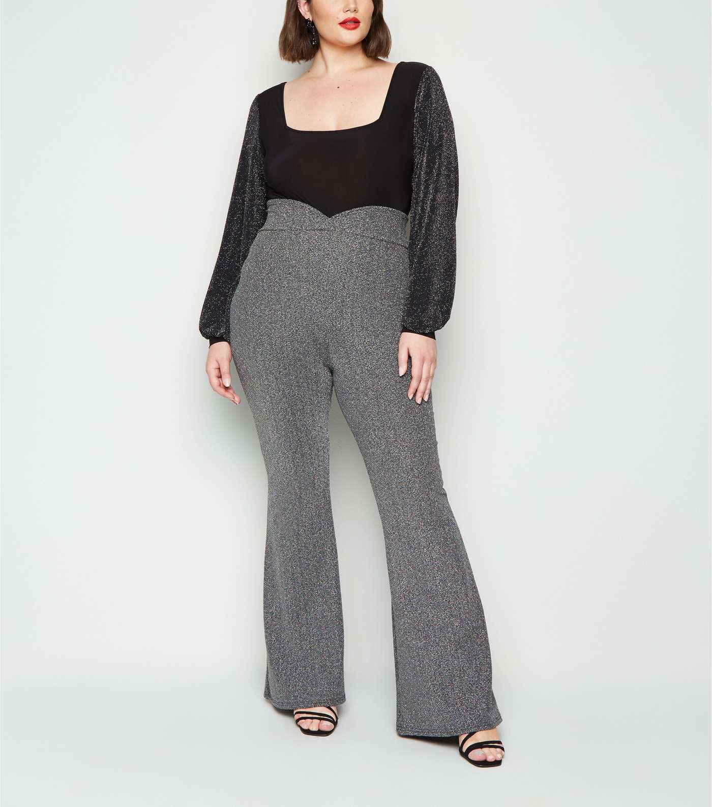 Just Curvy Black Shimmer Flared Trousers
