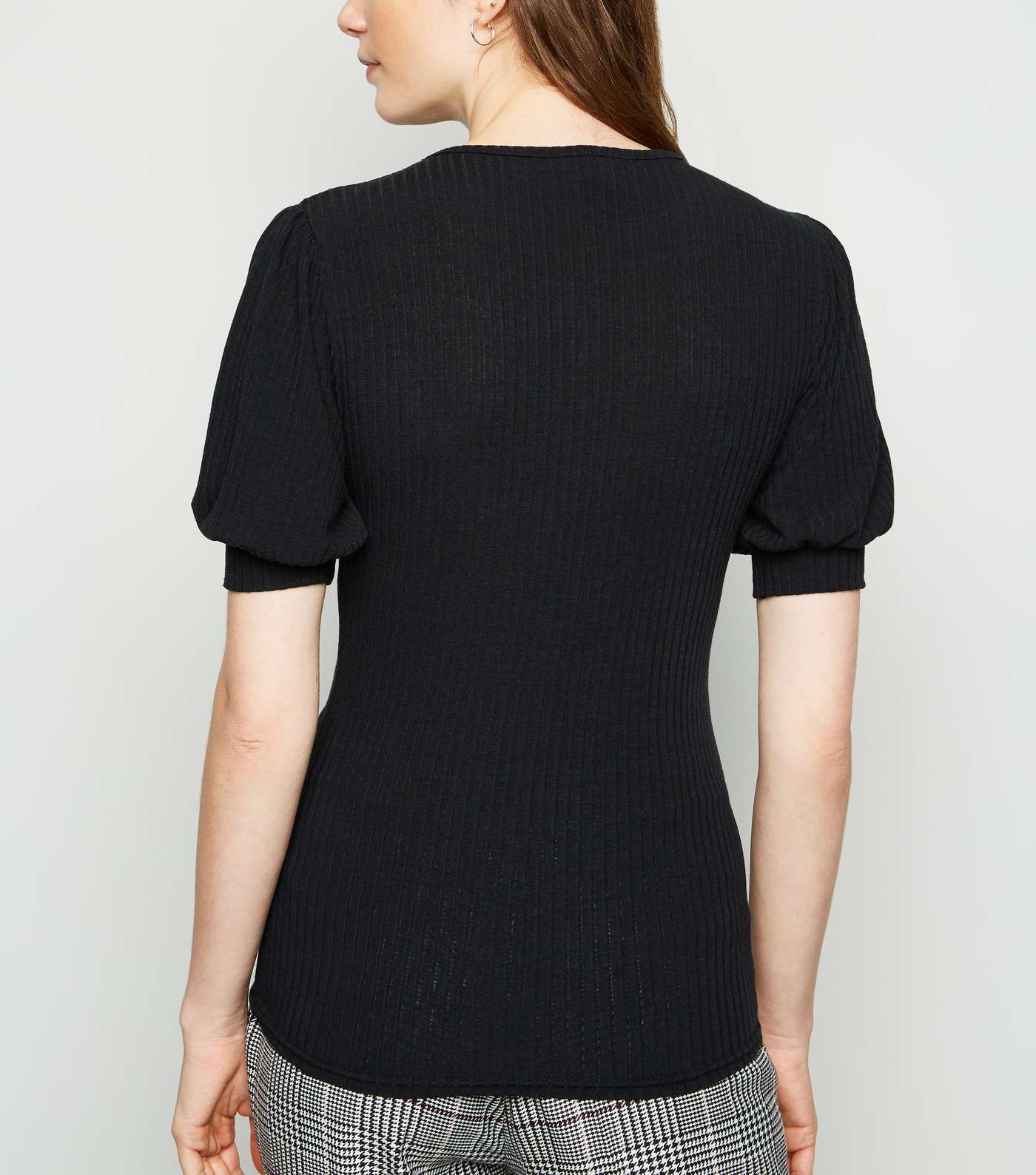 Black Ribbed Puff Sleeve Top Image 3