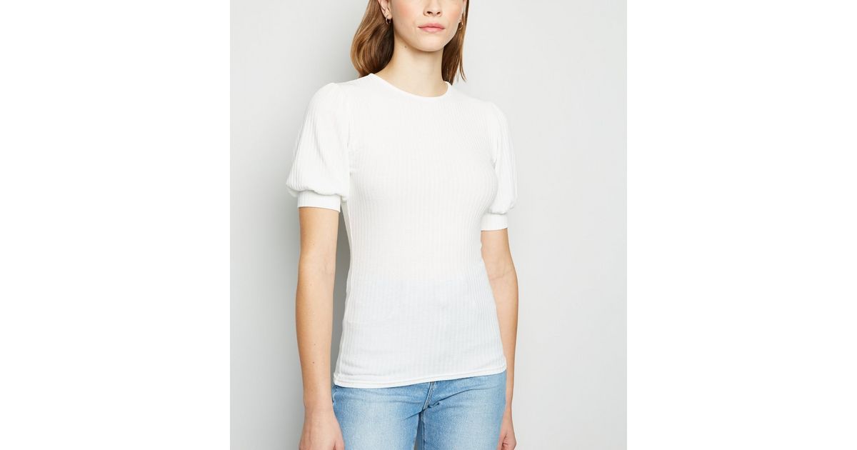 Off White Ribbed Puff Sleeve Top | New Look