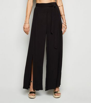 Black Split Front Belted Beach Trousers 