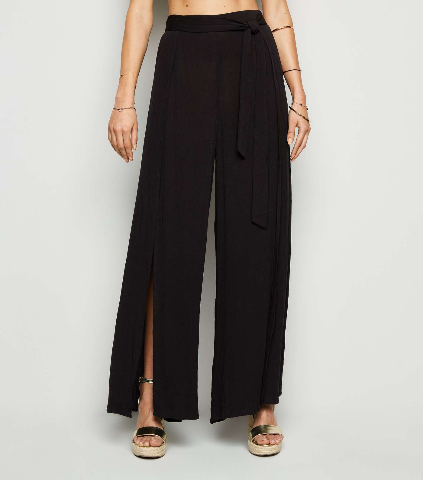 Black Split Front Belted Beach Trousers Image 2