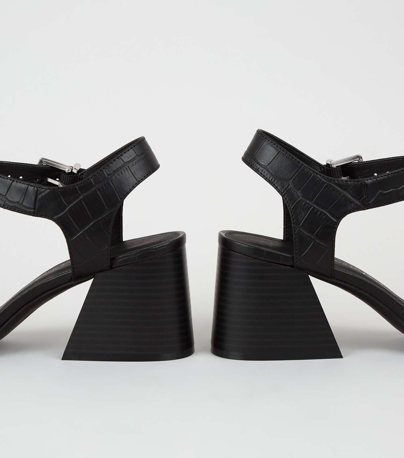 Black Faux Croc Flared Block Heel Sandals Image 4