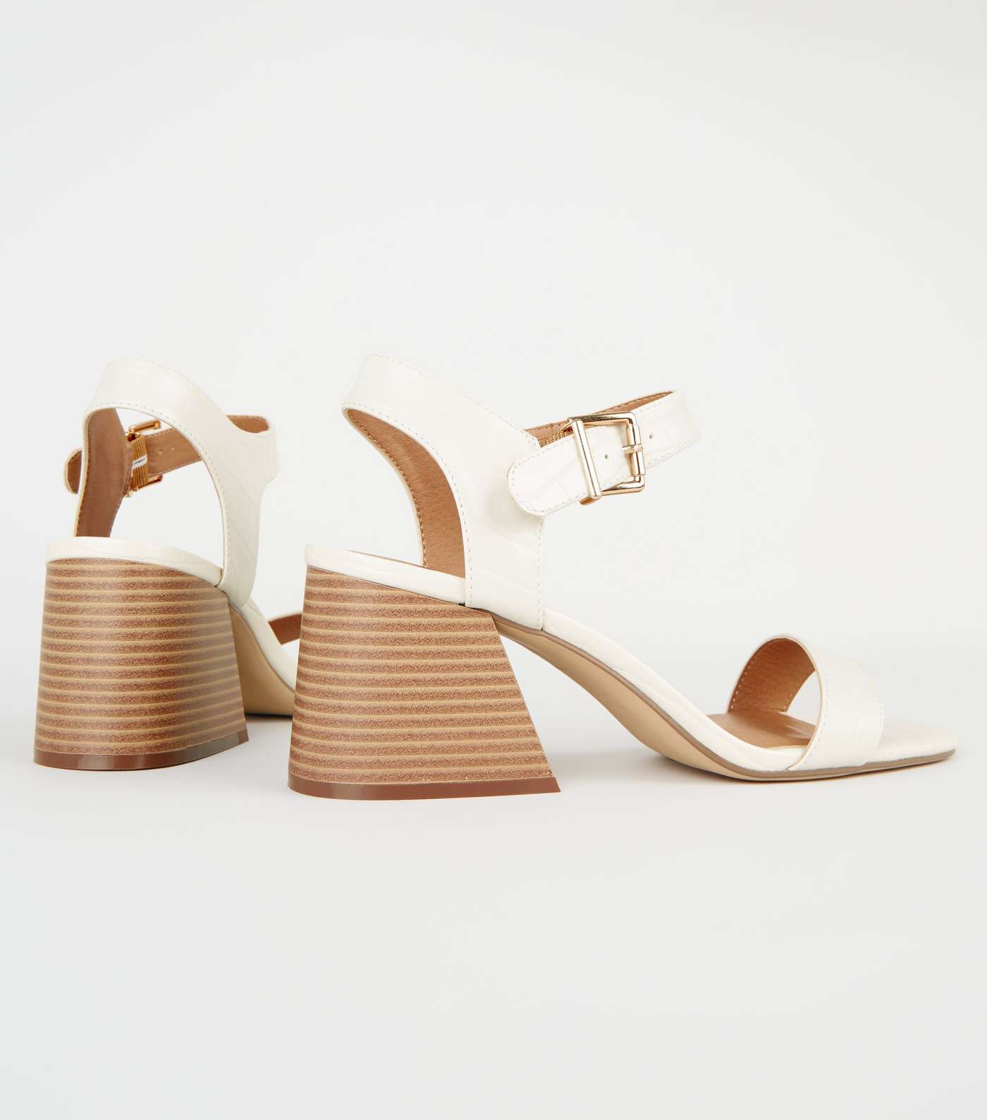 Off White Faux Croc Flared Block Heel Sandals Image 3