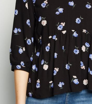 Image of Black Floral / Sleeve Peplum Top New Look