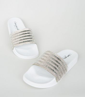 White Diamant Strap Sliders New Look