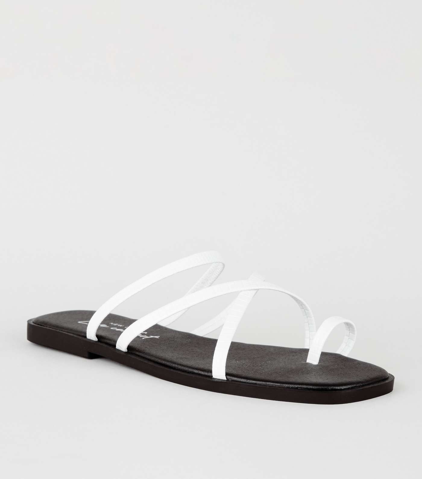 White Faux Croc Toe Loop Strappy Sliders