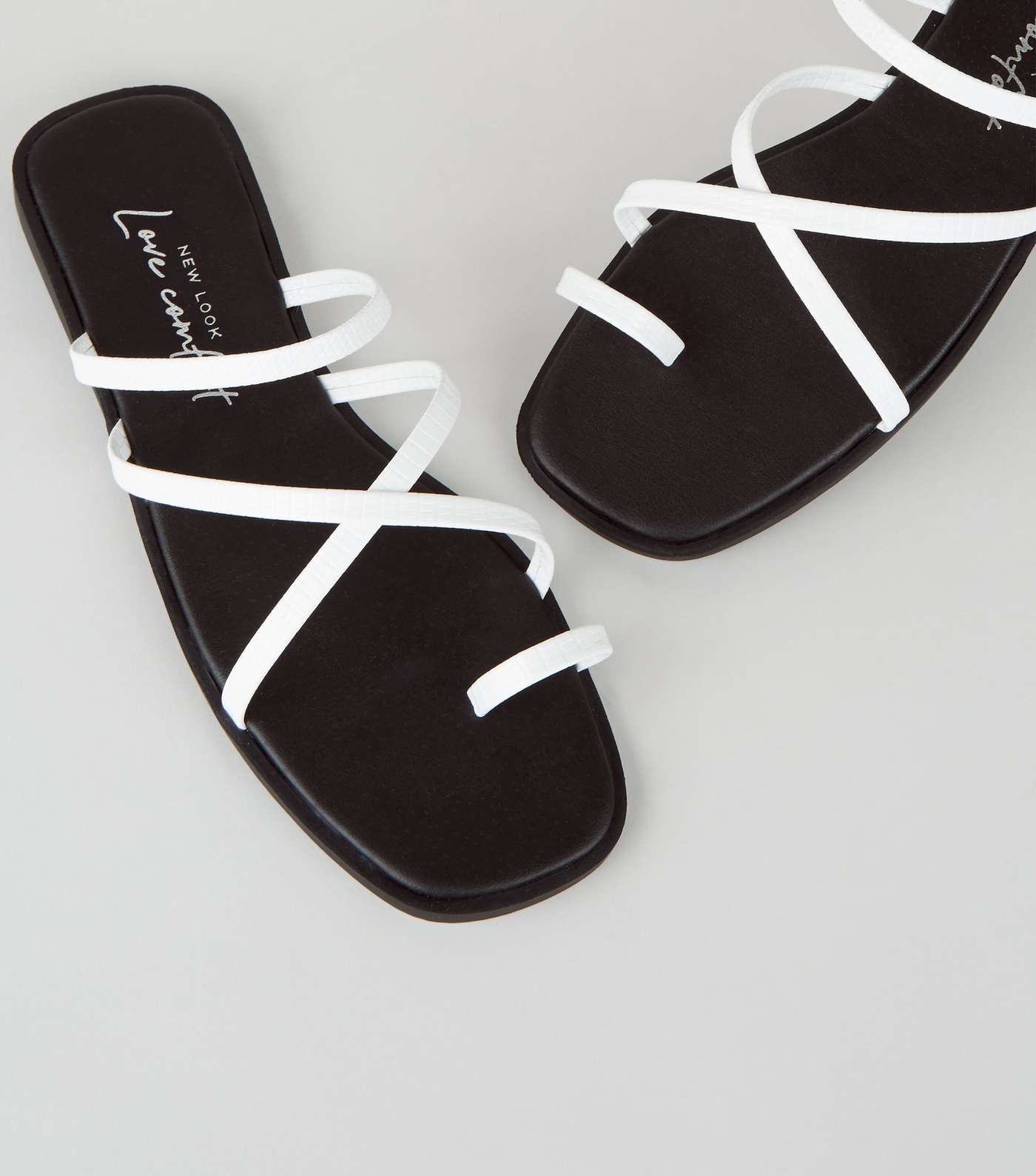 White Faux Croc Toe Loop Strappy Sliders Image 3