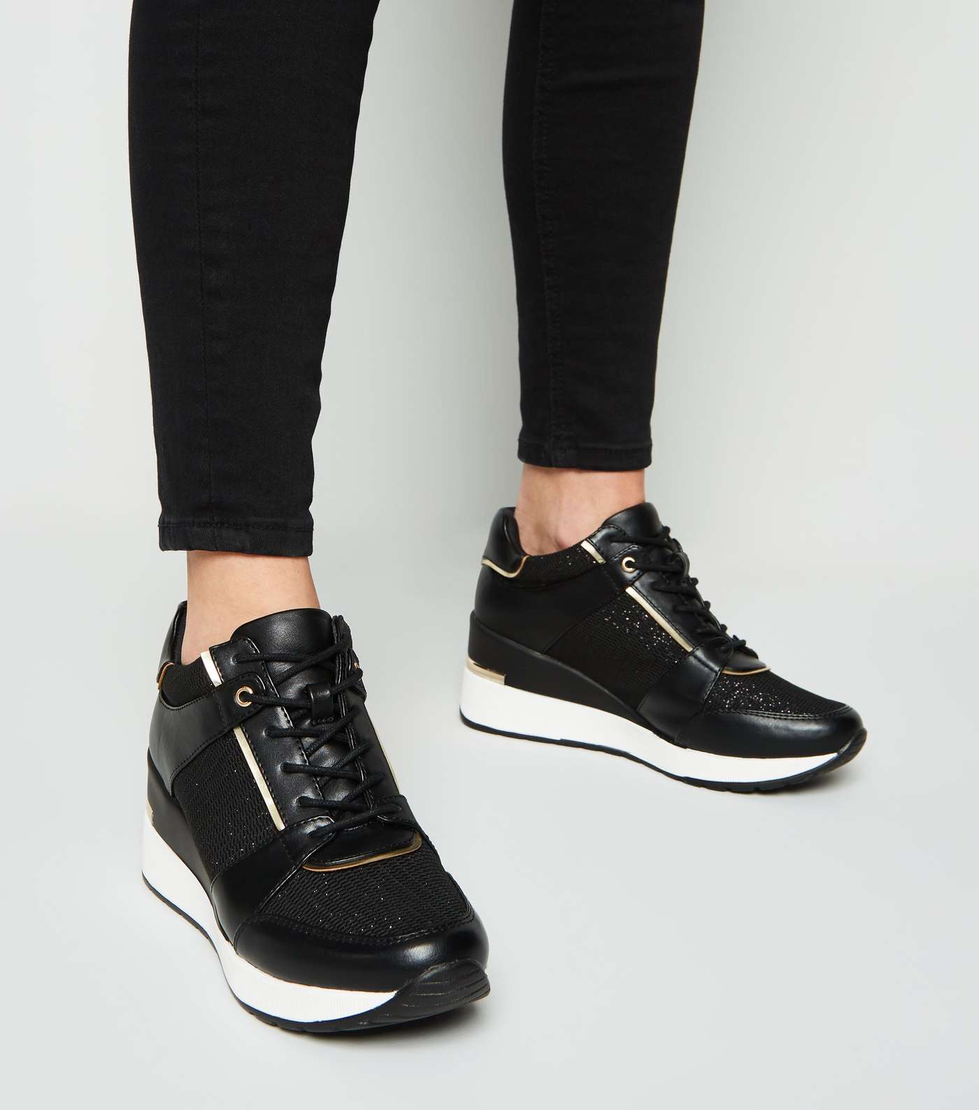 Black Leather-Look Glitter Panel Wedge Trainers Image 2