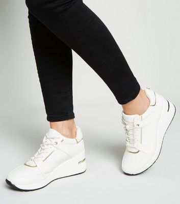 White Leather Look Glitter Panel Wedge Trainers New Look