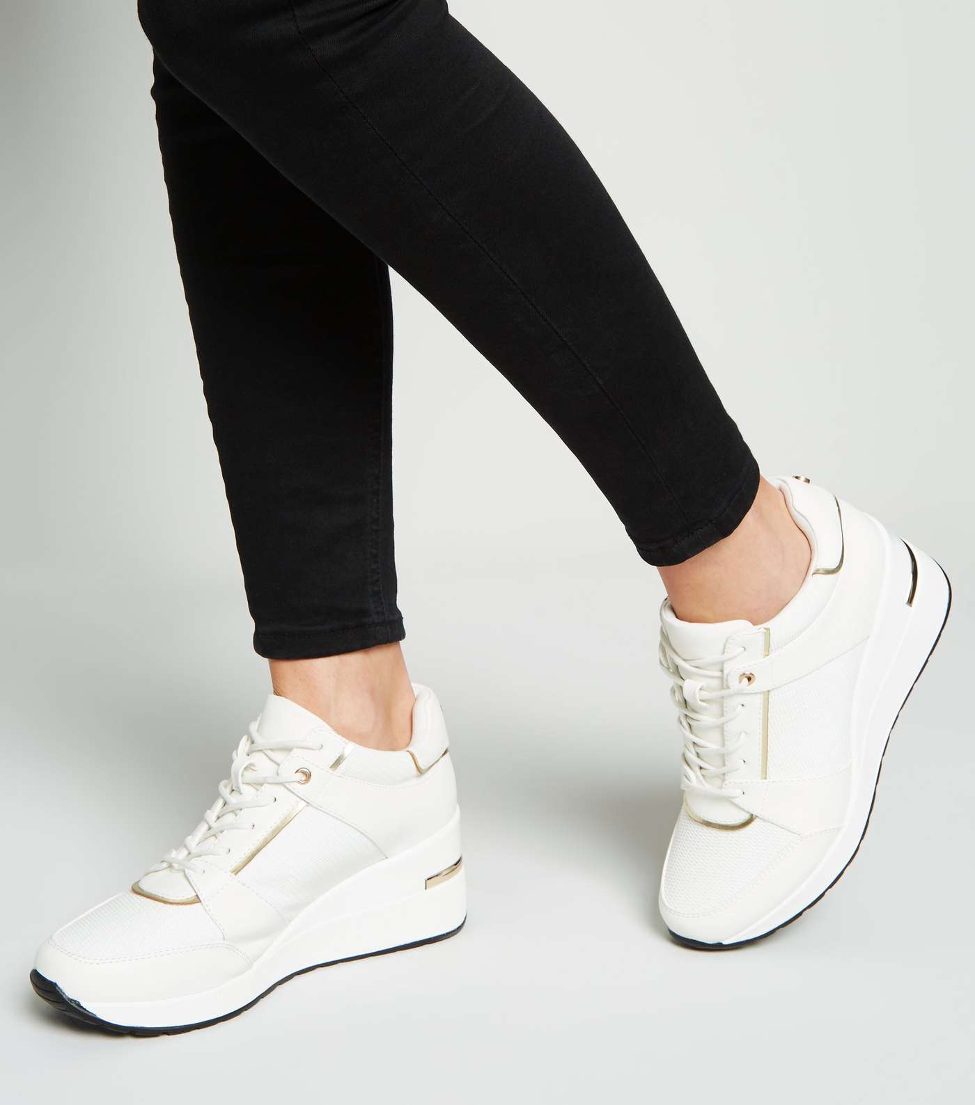 White Leather-Look Glitter Panel Wedge Trainers Image 2