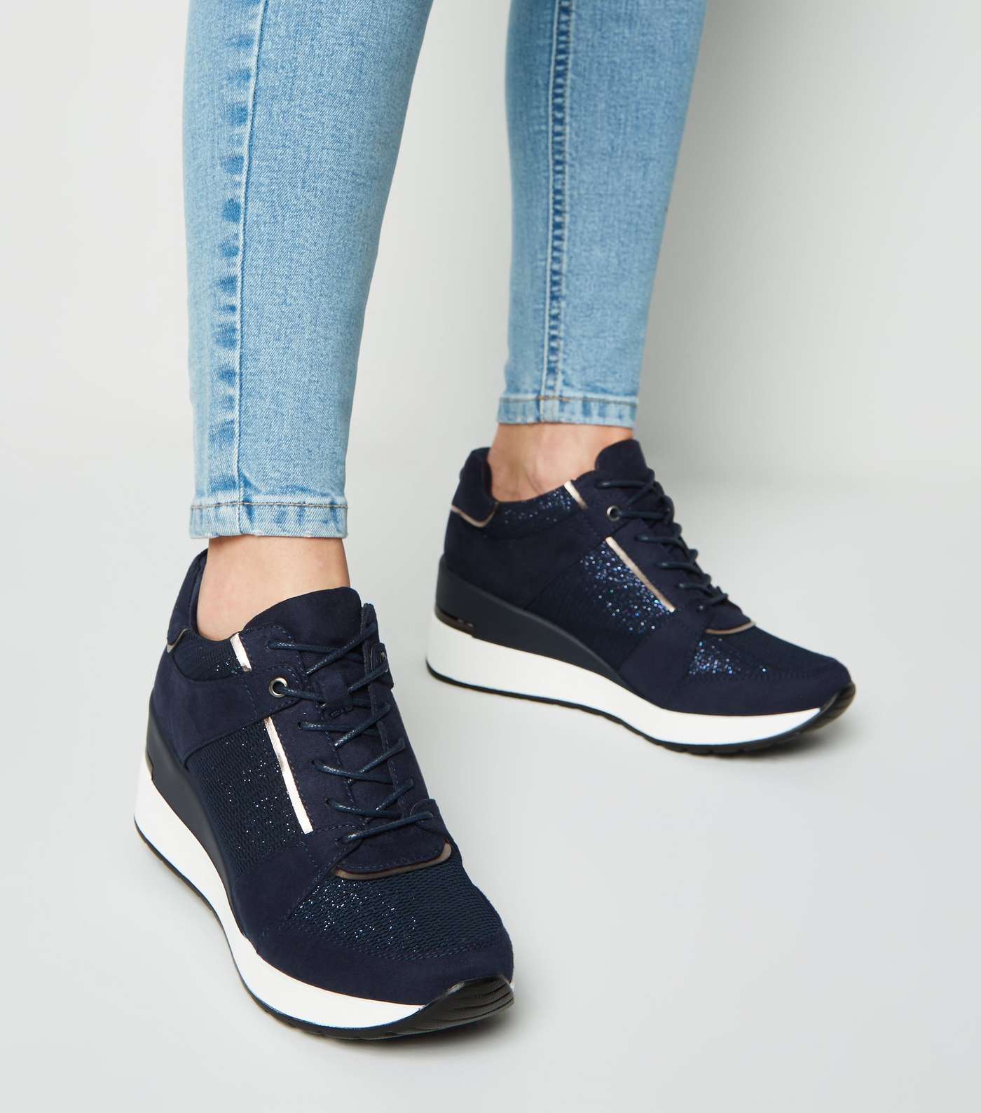 Navy Suedette Glitter Panel Wedge Trainers Image 2