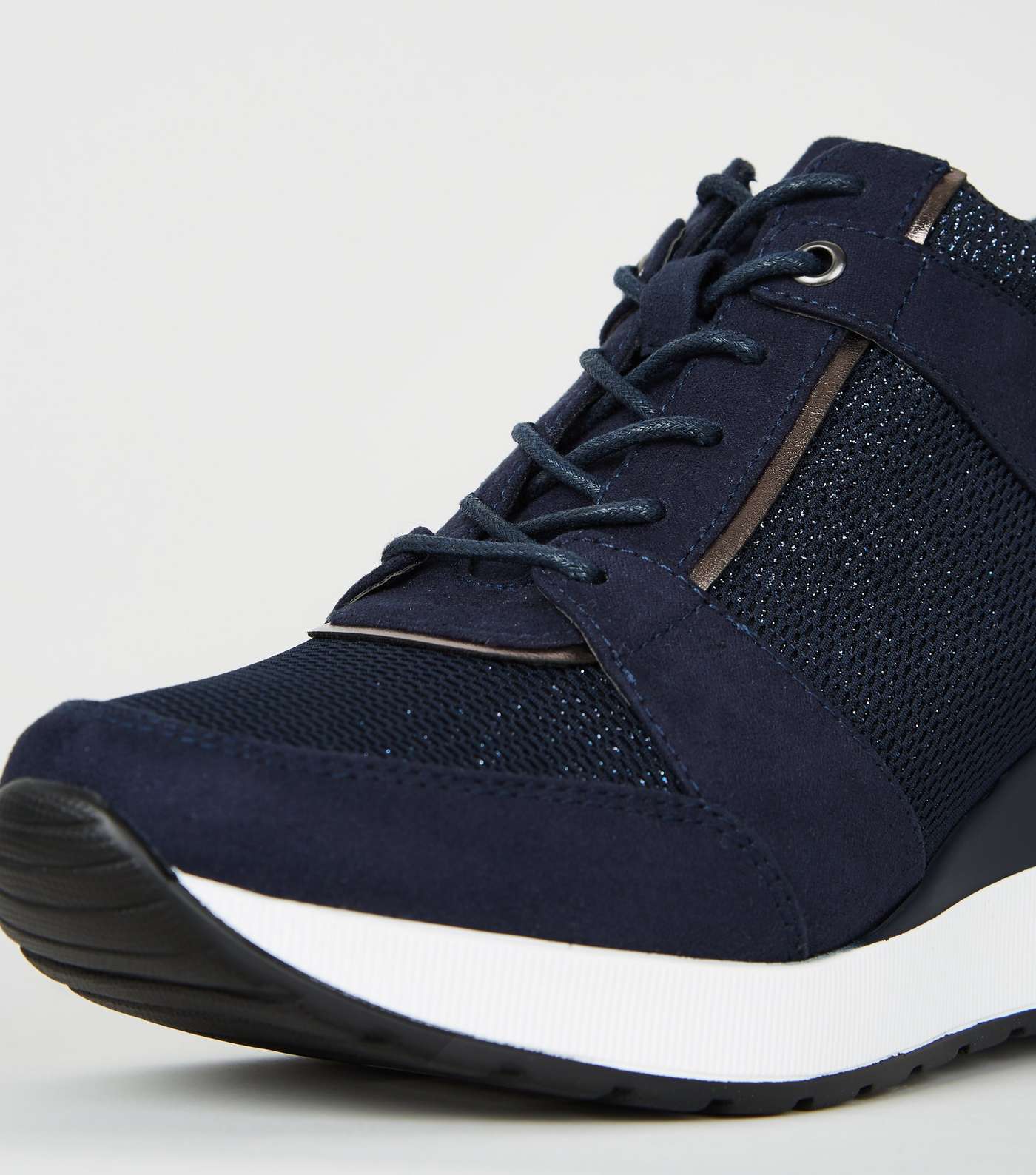 Navy Suedette Glitter Panel Wedge Trainers Image 4