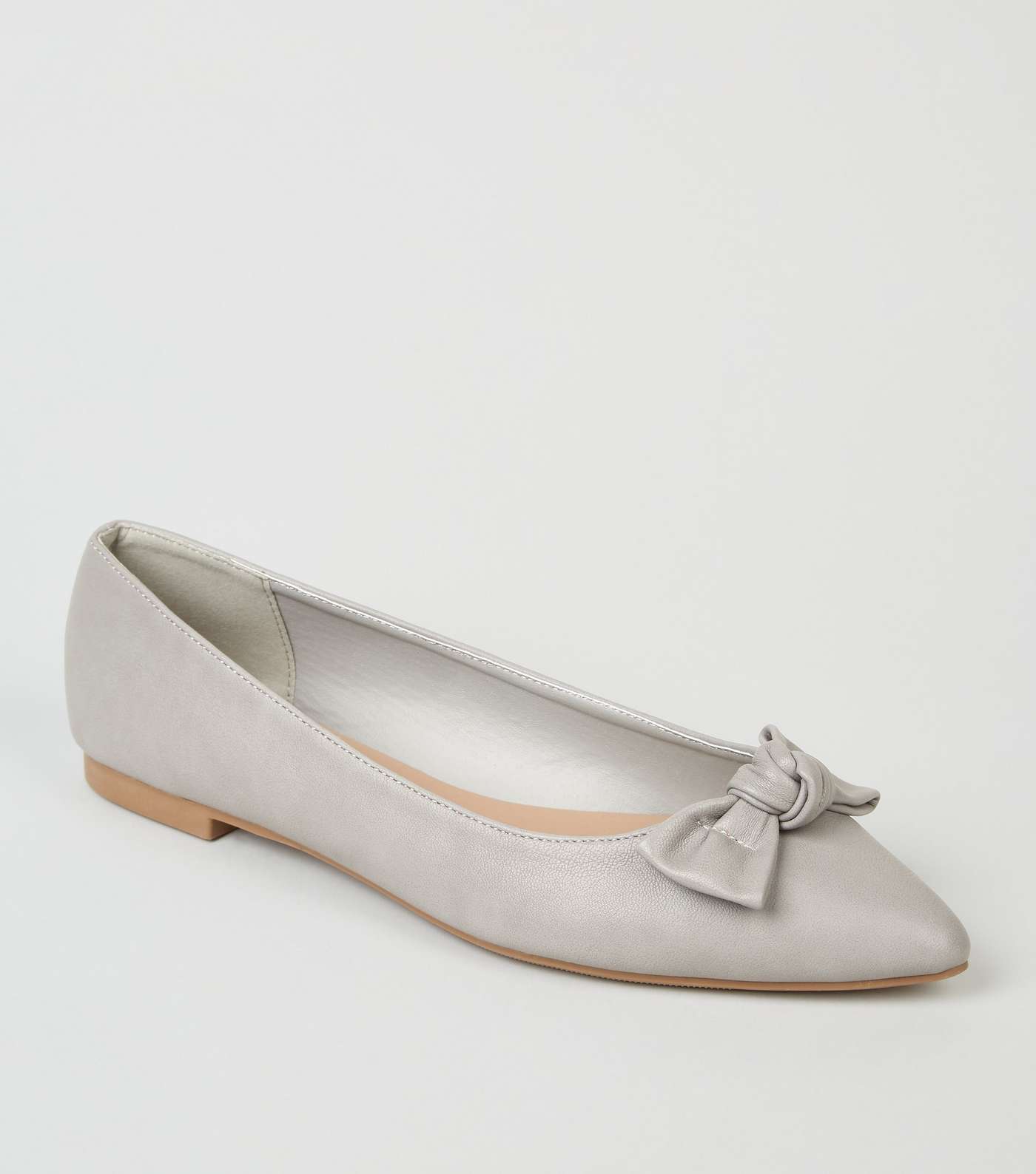 Grey Leather-Look Pointed Bow Ballet Pumps