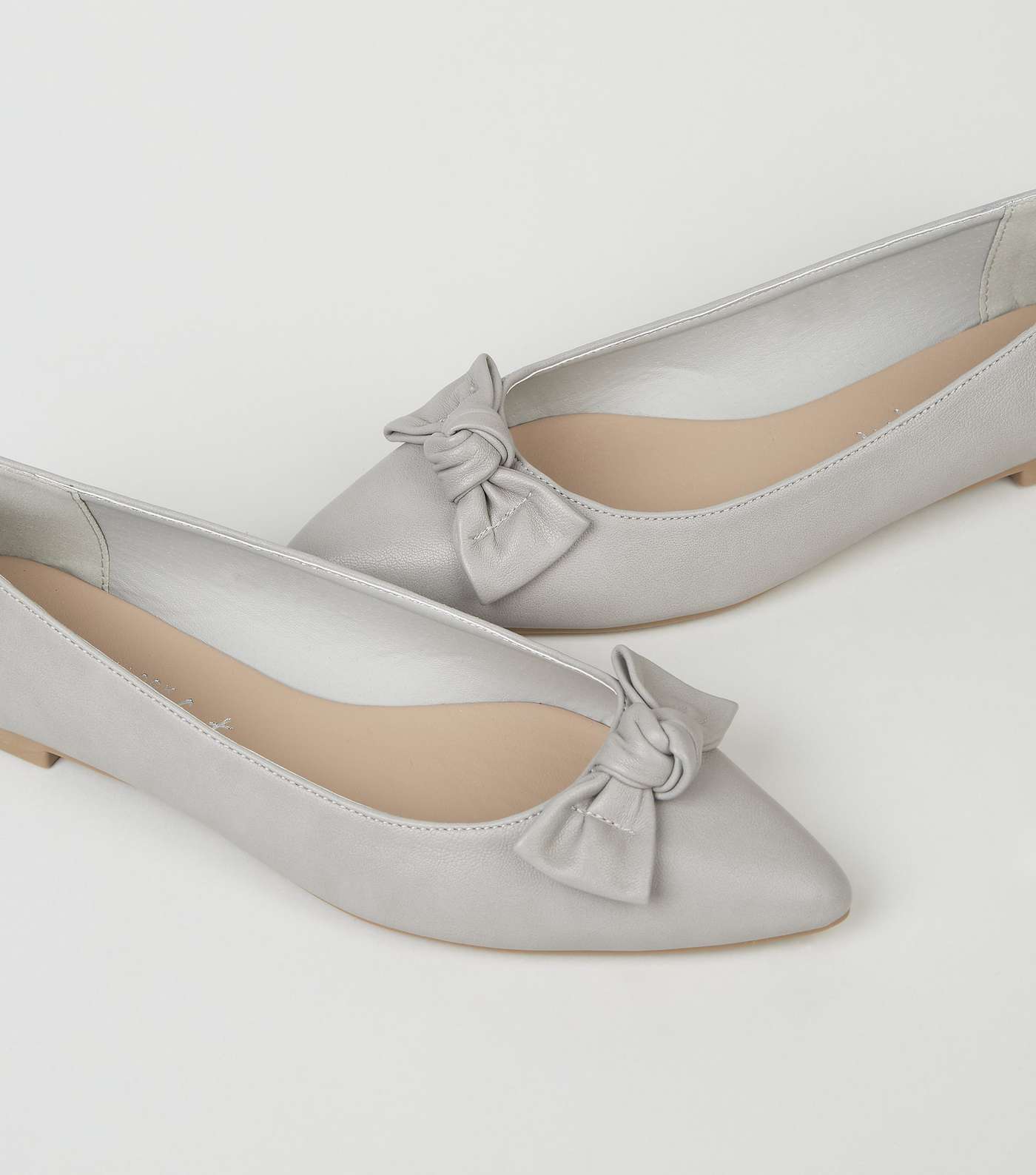 Grey Leather-Look Pointed Bow Ballet Pumps Image 3