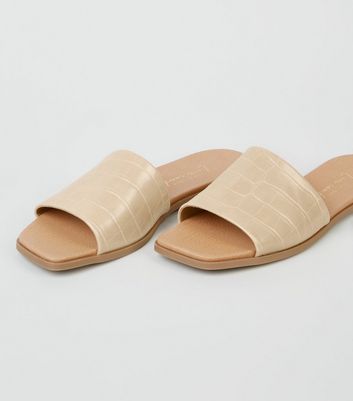 Image of Cream Faux Croc Square Toe Sliders New Look