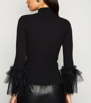 Cameo Rose Black Mesh Ruffle Sleeve Jumper New Look