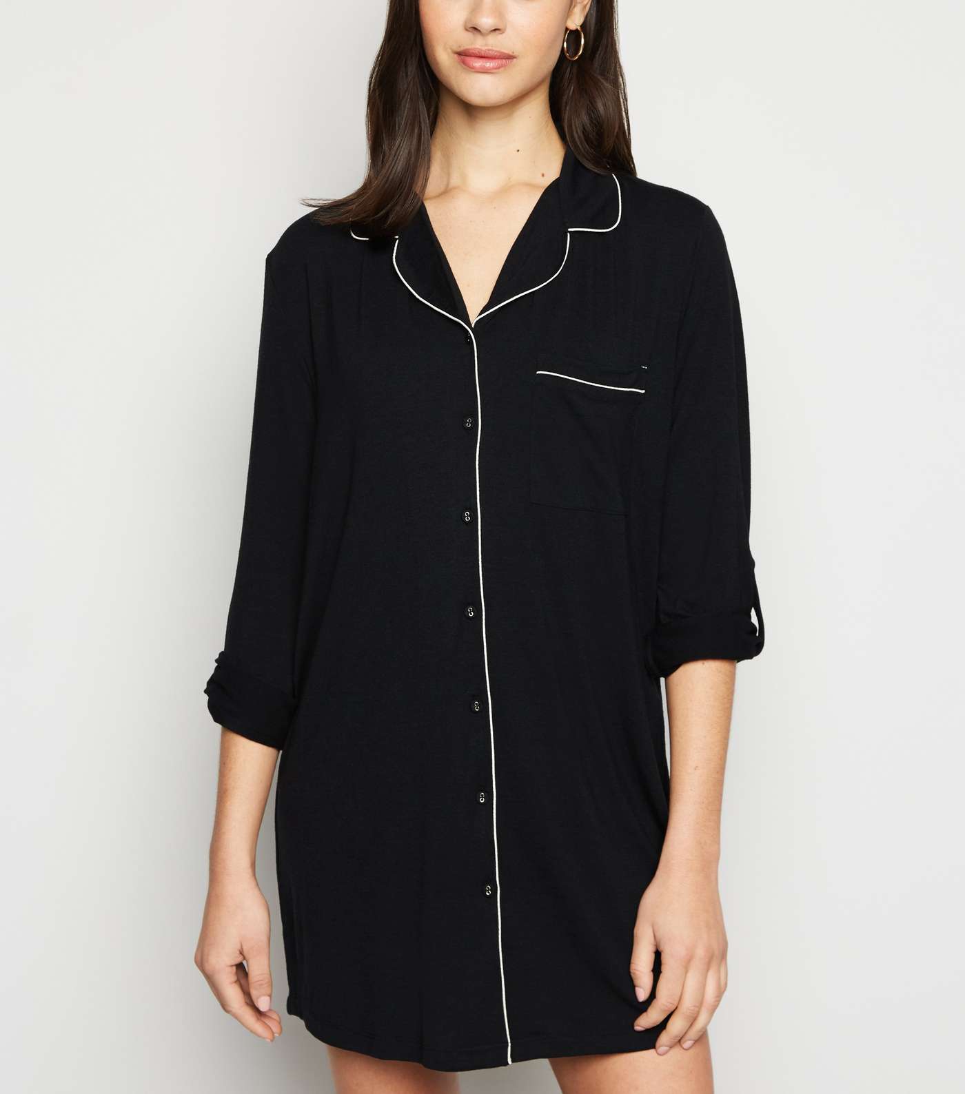 Black Jersey Revere Collar Piped Nightshirt