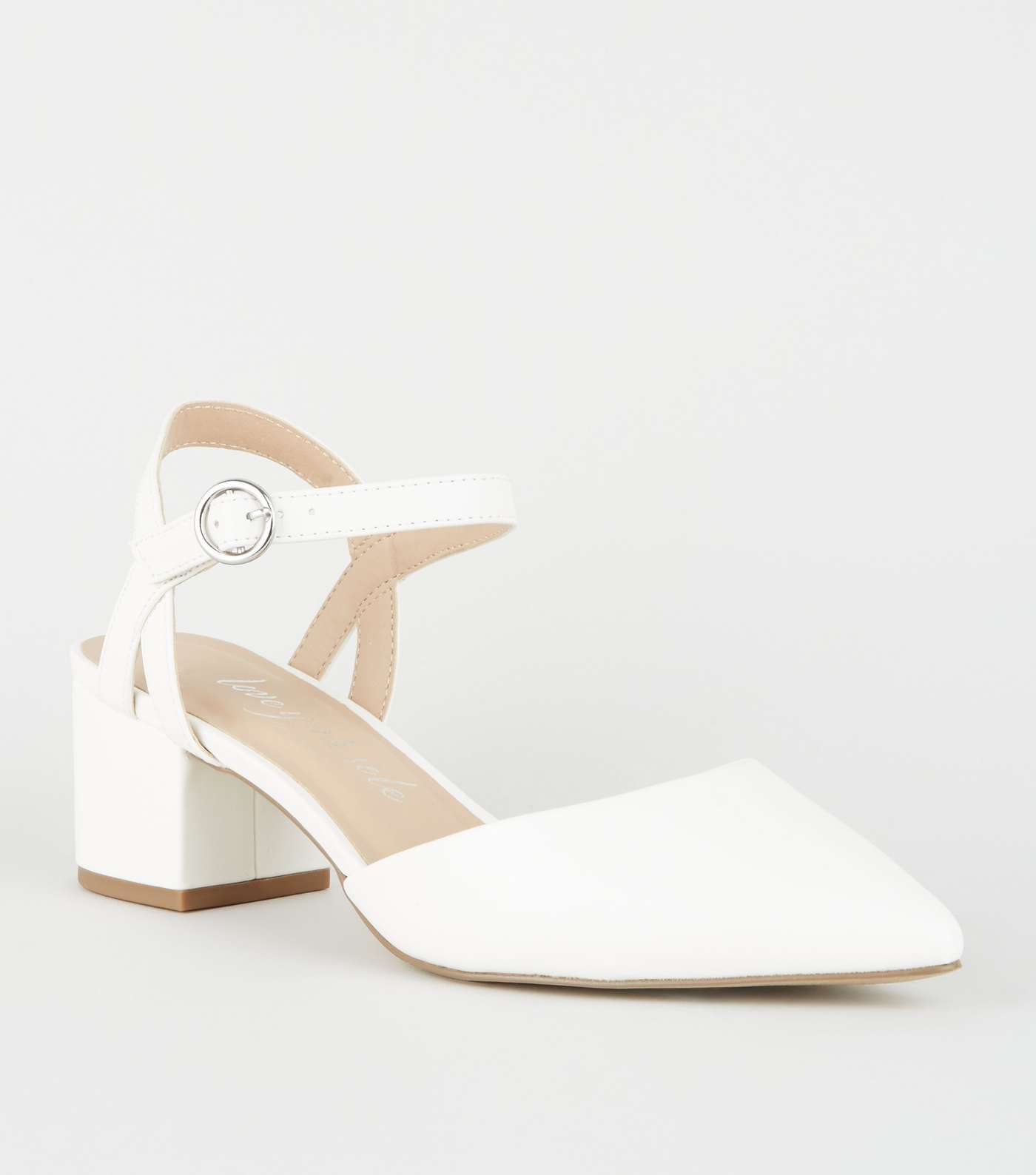 Wide Fit White Leather-Look Low Heel Court Shoes