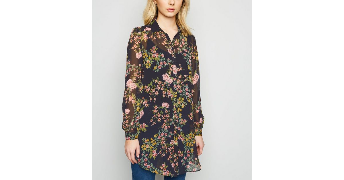 Black Floral Chiffon Long Shirt