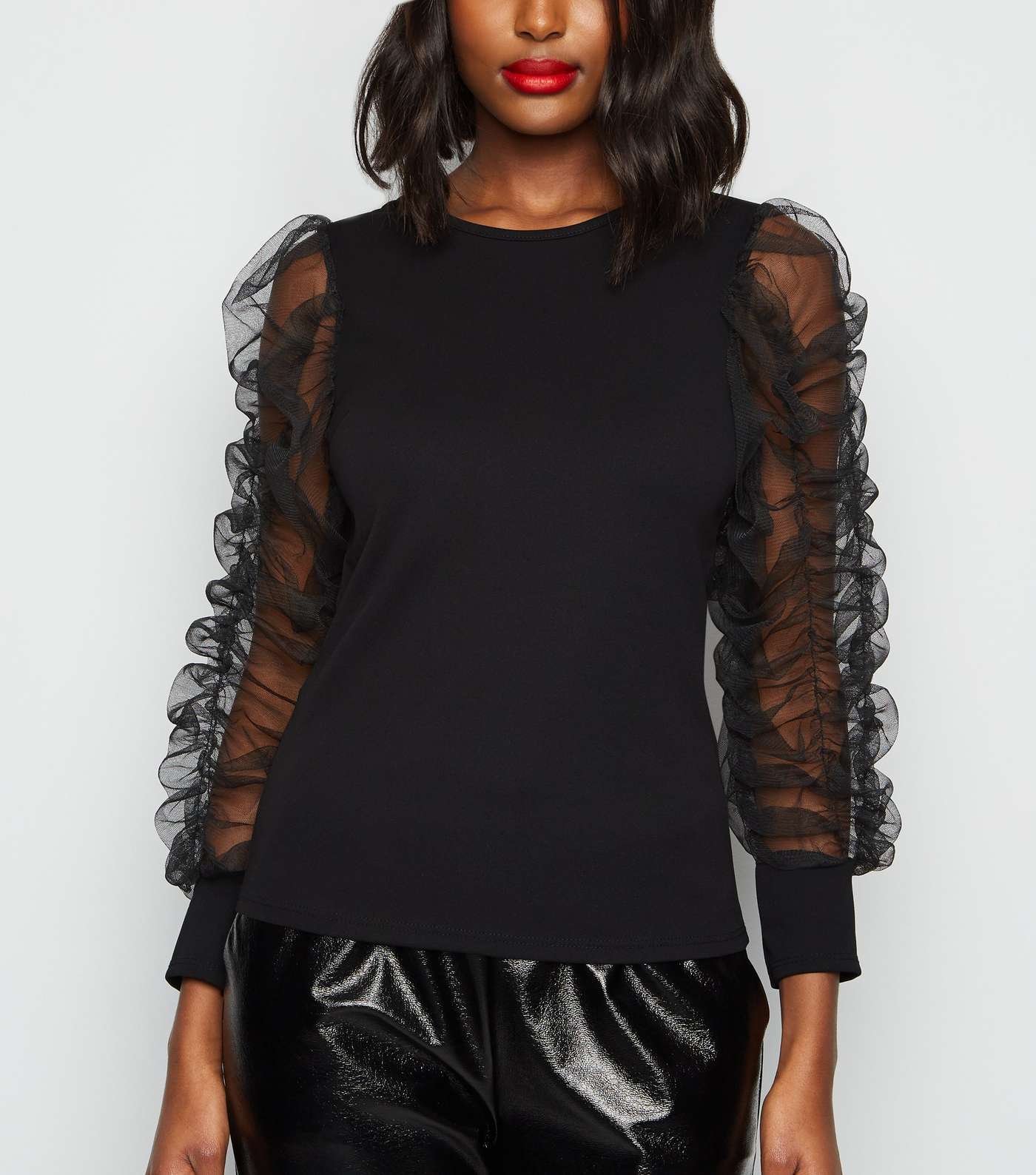 Cameo Rose Black Ruched Mesh Sleeve Top