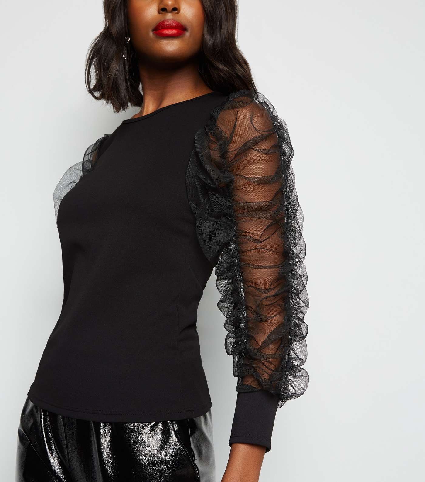 Cameo Rose Black Ruched Mesh Sleeve Top Image 5