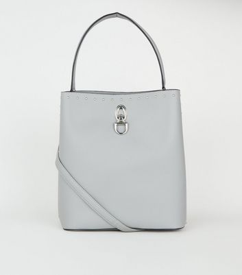 Grey Leather Look Stud Trim Bucket Bag New Look