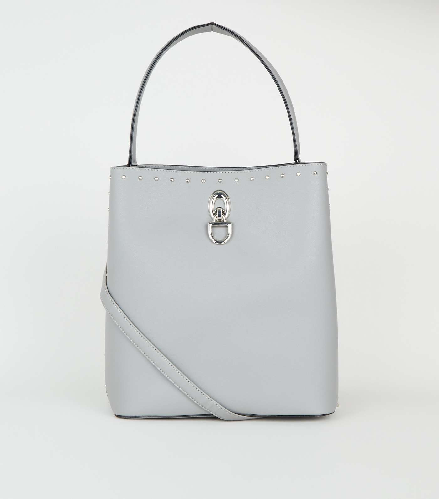 Grey Leather-Look Stud Trim Bucket Bag