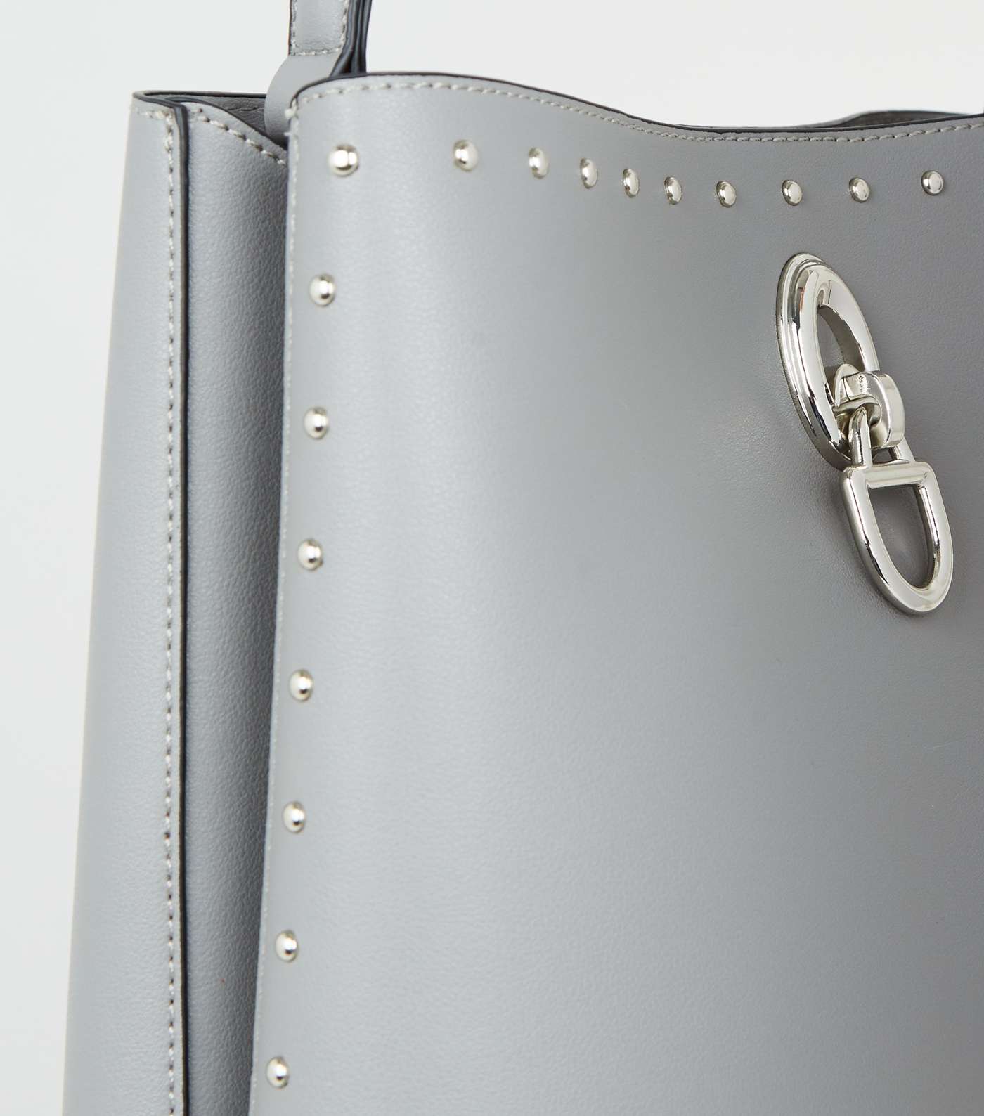Grey Leather-Look Stud Trim Bucket Bag Image 3