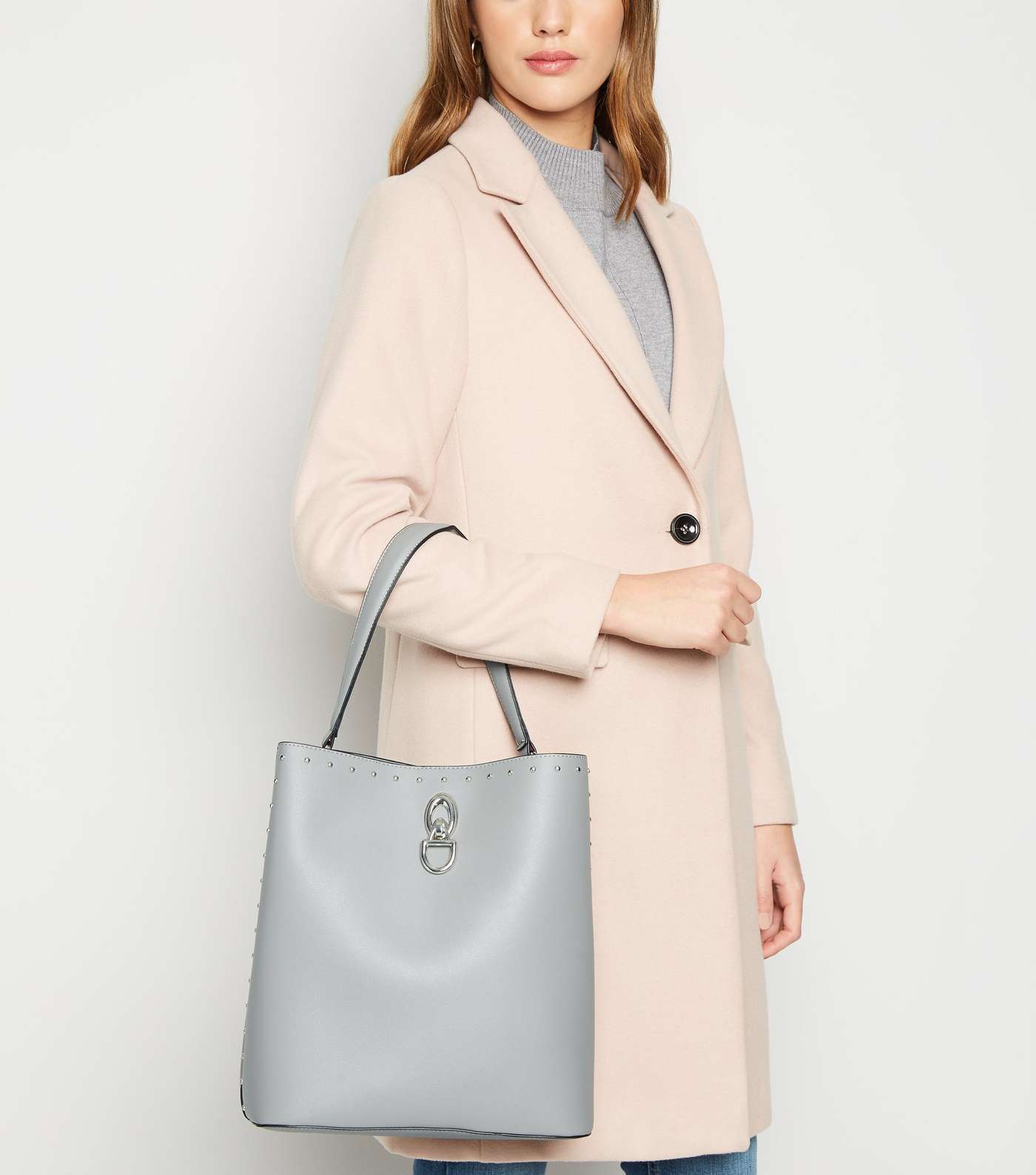 Grey Leather-Look Stud Trim Bucket Bag Image 5