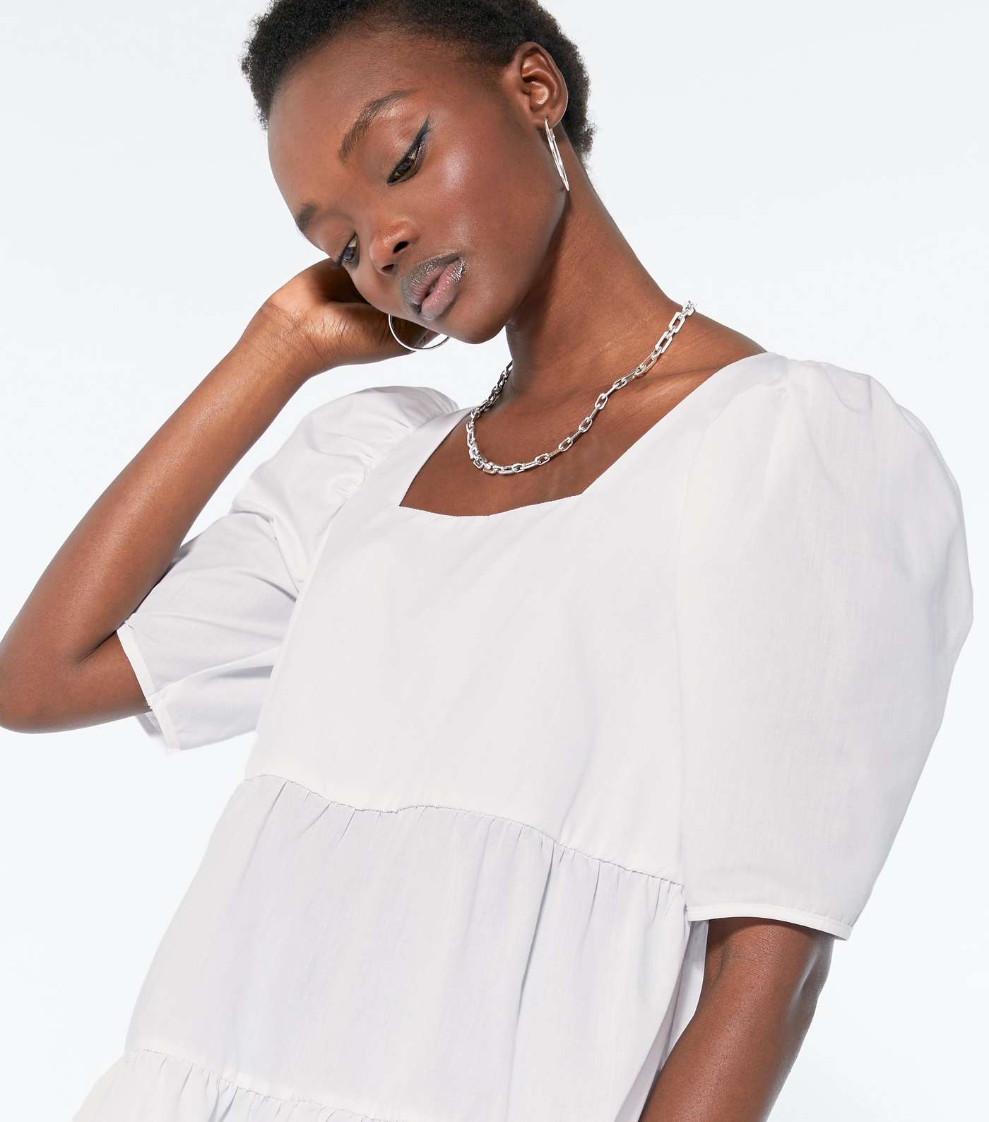 Off White Poplin Square Neck Tiered Top Image 4