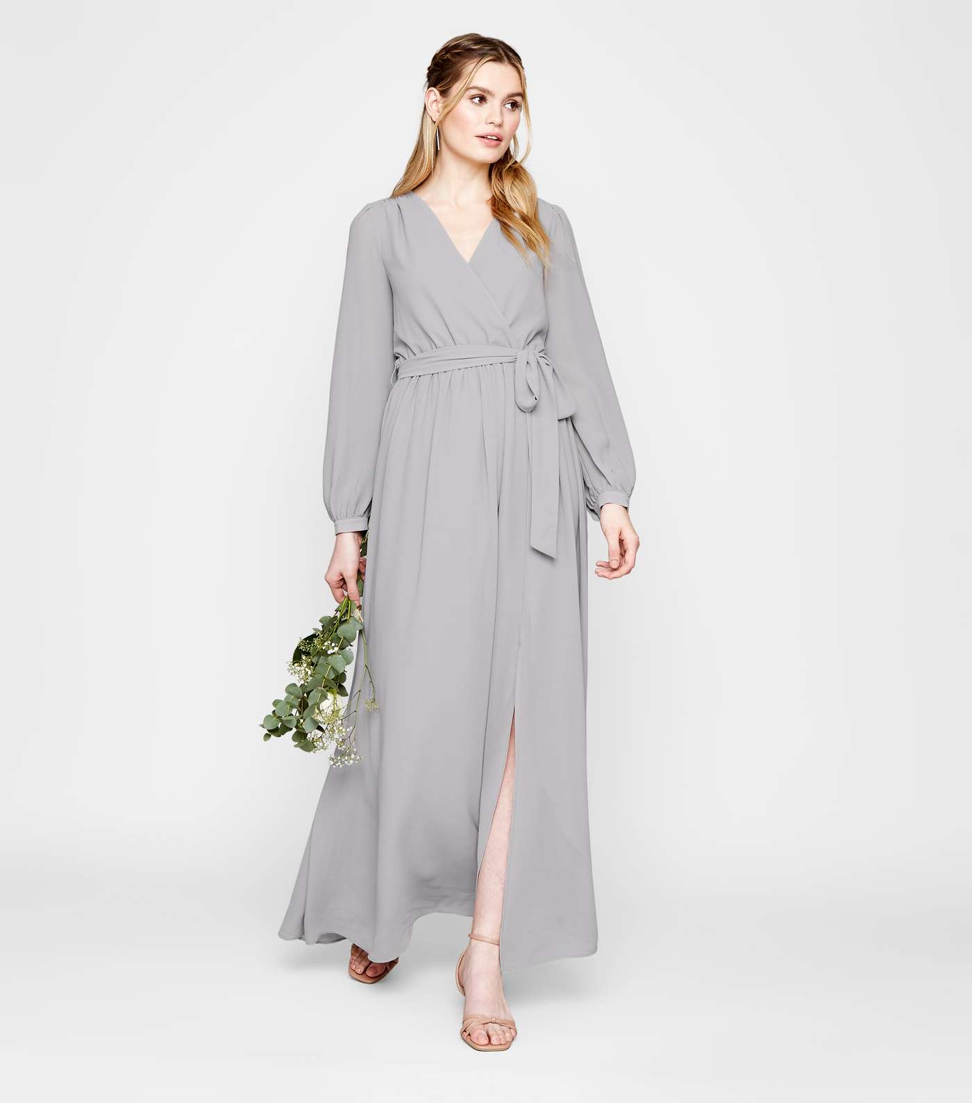 Grey Long Sleeve Side Split Wrap Maxi Dress