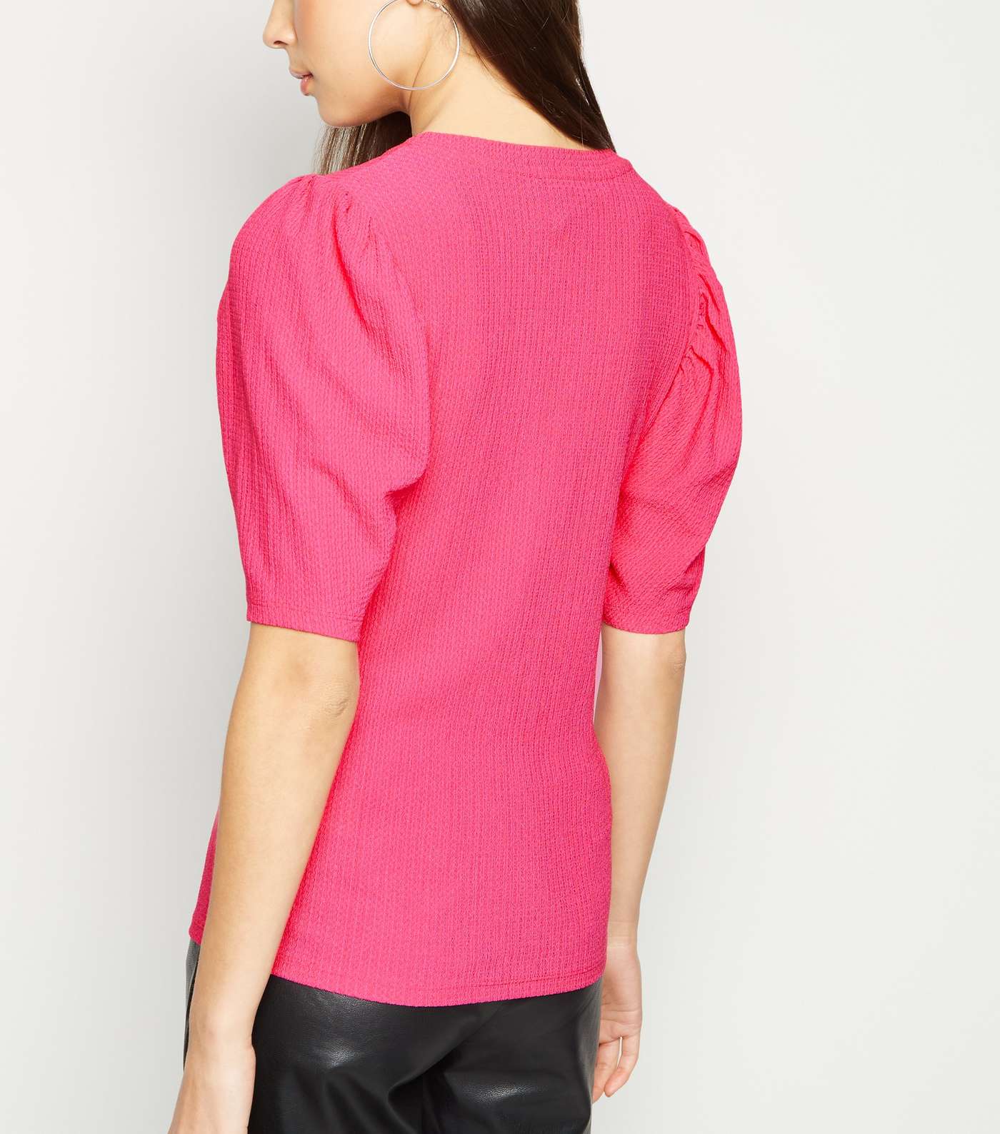 Bright Pink Crinkle Puff Sleeve T-Shirt Image 3