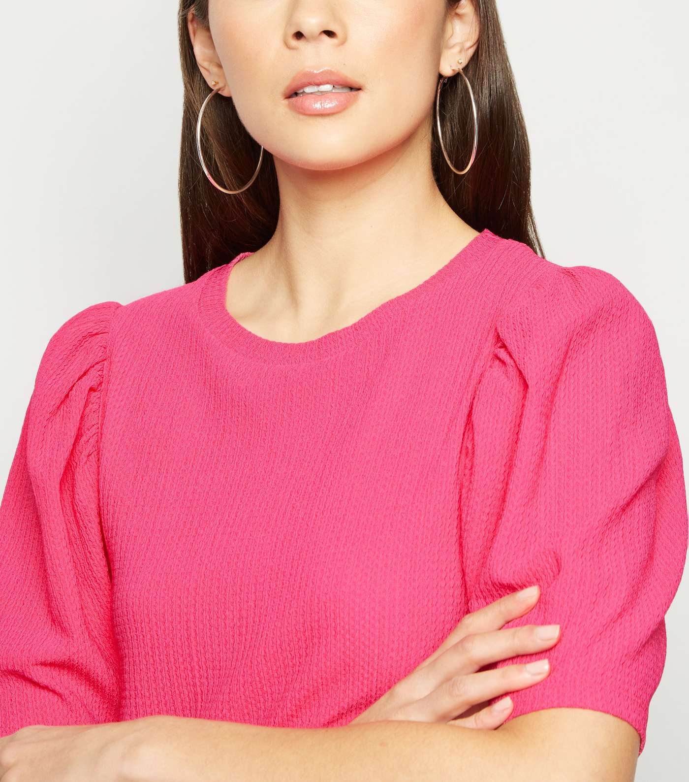 Bright Pink Crinkle Puff Sleeve T-Shirt Image 5