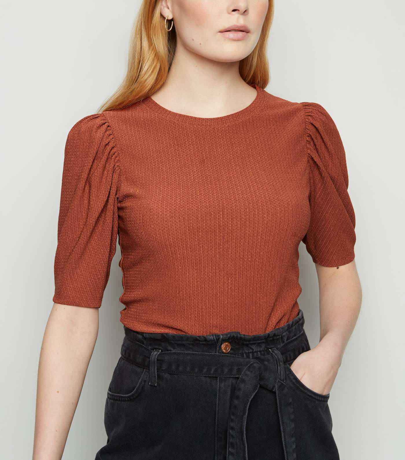 Coral Crinkle Puff Sleeve T-Shirt